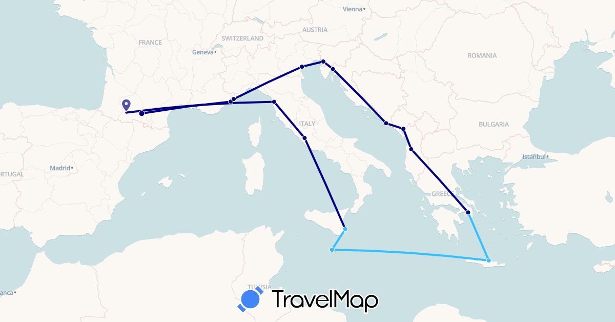 TravelMap itinerary: driving, boat in Albania, France, Greece, Croatia, Italy, Monaco, Montenegro, Malta (Europe)